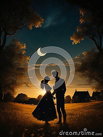 Rural couple silhouette,Generative Ai illustration. Cartoon Illustration