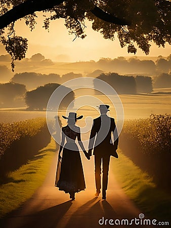 Rural couple silhouette,Generative Ai illustration. Cartoon Illustration