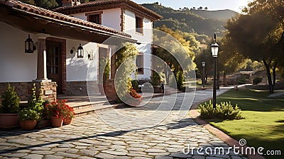 Rural Courtyard, A Stone Walkway With A House And Trees Stock Photo