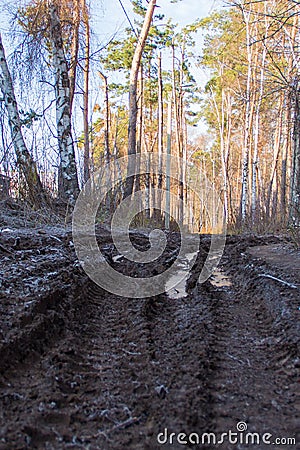 Rural dirty damaged road with muds and holes Stock Photo