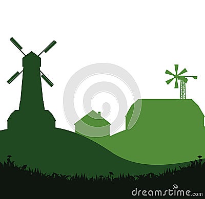 Rural farm. With fields, pastures and buildings. Picture silhouette. Breeding domestic farm animals and plants. Isolated Vector Illustration