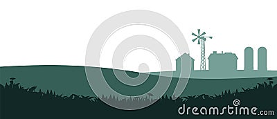 Rural farm. With fields, pastures and buildings. Picture silhouette. Breeding domestic farm animals and plants. Isolated Vector Illustration