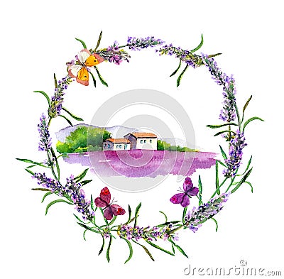 Rural farm - provencal house, lavender flowers field in Provence. Watercolor Stock Photo