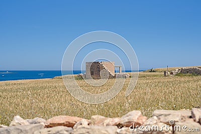 a rural farm ruin situated along a serene shoreline, with grass surrounding the area Stock Photo