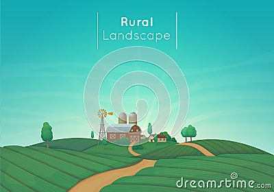 Rural farming landscape vector illustration. Farm house, barn, silos, windmill with bushes and trees. Vector Illustration