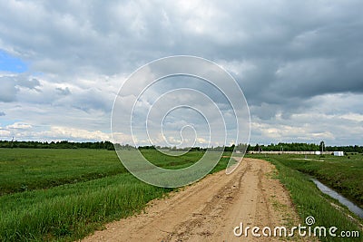 Rural field of plants and shrubs. Dirt road and stream. Forest in the distance. There are thick clouds in the sky. Green grass Stock Photo