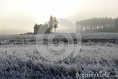 Rural frosty landscape on cold early winter morning Stock Photo
