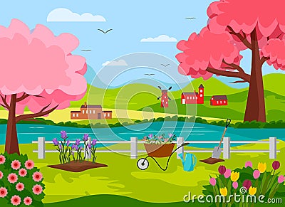Rural garden landscape. Scene with garden tools, fence, flowers and trees, houses and windmill. Vector Illustration