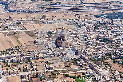 Rural Gozo island as seen from above. Aerial view of Gozo, Malta. The Rotunda of Xewkija, Casal Xeuchia is the largest in Gozo Stock Photo