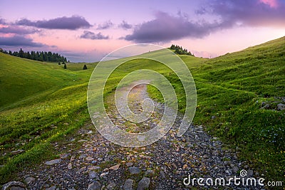 Rural gravel road in mountain valley at sunset in summer Stock Photo