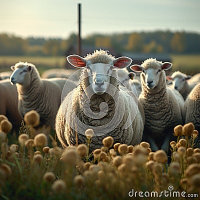 Rural harmony, a flock of sheep calmly grazing on the farm Stock Photo