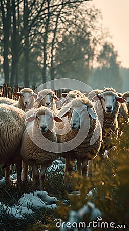 Rural harmony, a flock of sheep calmly grazing on the farm Stock Photo