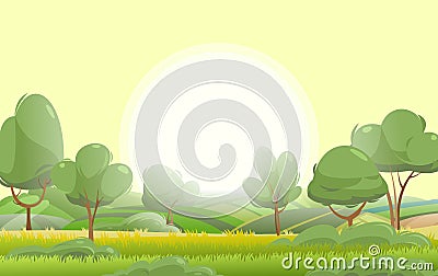 Rural harvest landscape. Light morning. Farm garden and fruit trees. Funny cartoon design illustration. Suburban Vector Illustration