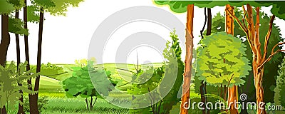 Rural hills. Landscape with trees. Vector. Pasture grass for cows and a place for a vegetable garden and farm. Meadows and trees. Vector Illustration