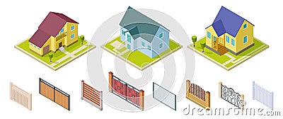 Rural houses and fences. Isolated outdoor design elements. Isometric buildings and gates vector set Vector Illustration