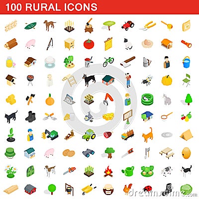 100 rural icons set, isometric 3d style Vector Illustration