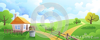 rural illustration small villa with well and fence in summer Vector Illustration