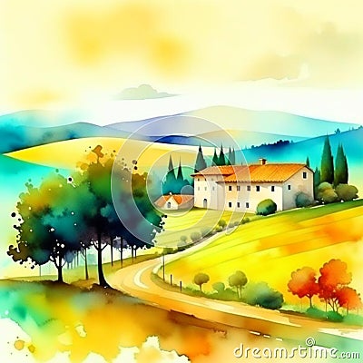 Rural italian landscape. Olive plantation with old olive trees in Italy watercolor illustration. Summer landscape Cartoon Illustration