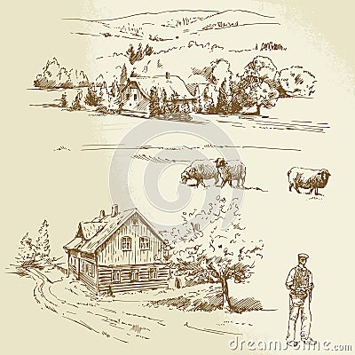Rural landscape, agriculture, farm Vector Illustration