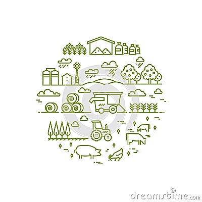 Rural landscape and agriculture farming thin line icons Vector Illustration