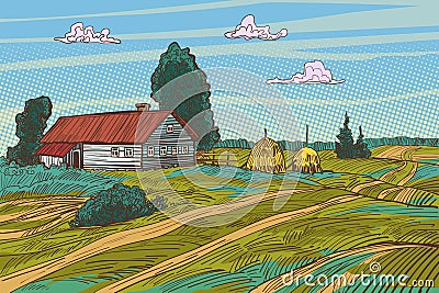 Rural landscape autumn field village houses Vector Illustration