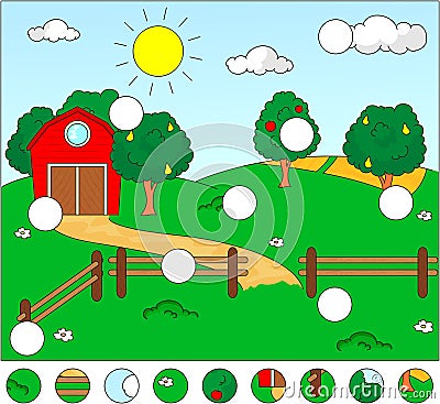 Rural landscape with barn, corral, fields and fruit trees. Complete the puzzle and find the missing parts of the picture. Vector Vector Illustration