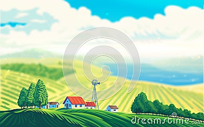 Rural landscape with a beautiful view Cartoon Illustration