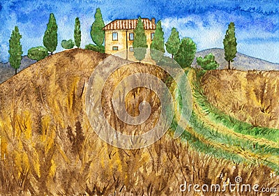 Rural landscape with country house, fields and green trees. Cartoon Illustration