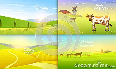 Rural landscape and cows. Farm Agriculture. Vector illustration. Poster with meadow, Countryside, retro village for info Vector Illustration