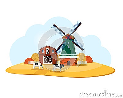 Rural landscape with Dutch windmill and farm Vector Illustration