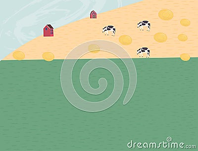 Rural landscape with field, haystack, grass, cows and farm house. Ecologically clean area with blue sky and clouds.Flat Vector Illustration