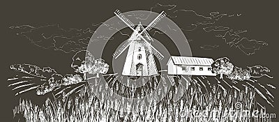 Rural landscape field wheat. Hand drawn vector Countryside landscape engraving style illustration. Vector Illustration