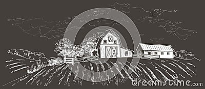 Rural landscape field wheat. Hand drawn vector Countryside landscape engraving style illustration. Vector Illustration