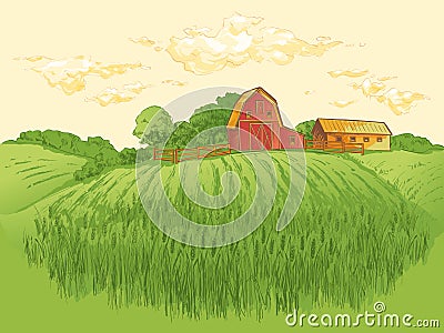 Rural landscape field wheat. Hand drawn vector Countryside landscape engraving style illustration. Vector Illustration