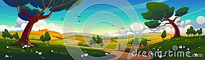 Rural landscape with green trees and fields Vector Illustration