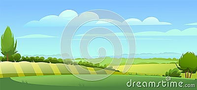 Rural landscape. Horizontal village nature illustration. Cute country hills. Foggy horizon with garden hills with beds Vector Illustration