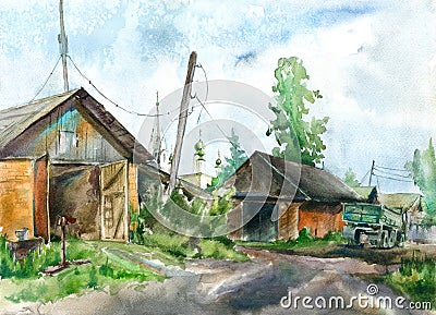 Rural landscape. House, church,tree and garage. Cartoon Illustration