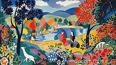 Rural landscape with lake, autumn and wildlife, lamb, two people and plants Cartoon Illustration