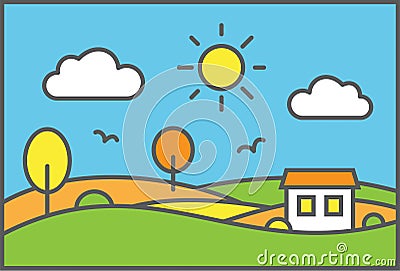 Rural landscape with meadow field and small house Vector Illustration