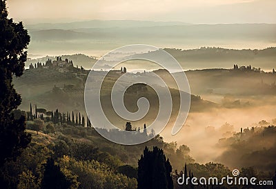 Rural landscape at misty sunrise. Hills of Tuscany with garden trees, villas, green hills, countryside, Italy Stock Photo