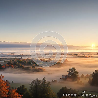 Rural landscape in Morning mist haze. Countryside at dawn in fog, aerial view. Country houses near lake in Foggy dawn. Stock Photo