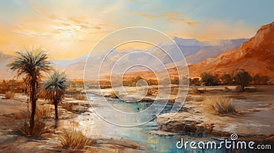 Rural Landscape Painting: Stream Between Mountains In Light Cyan And Amber Stock Photo