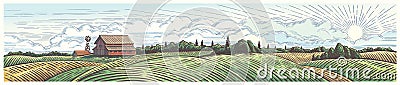 Rural landscape, panoramic format with a farm Vector Illustration