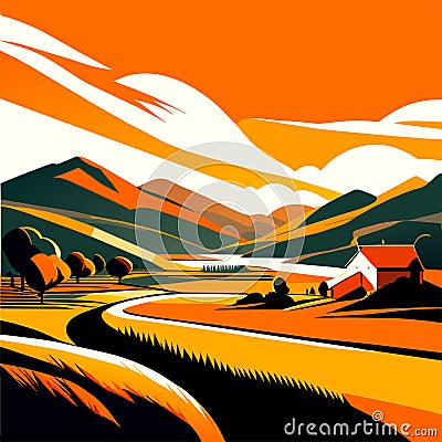 Rural landscape with road and farm in the evening. Vector illustration AI Generated Vector Illustration