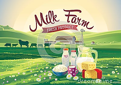 Rural landscape set of milk products. Vector Illustration