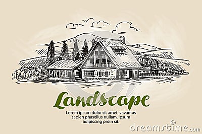 Rural landscape sketch. Farm, country house, cottage vector illustration Vector Illustration