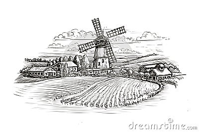 Rural landscape sketch. Farm, windmill and field. Vintage illustration Cartoon Illustration