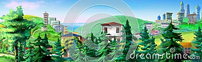 Rural Landscape with Spruce Trees and Buildings on Background Stock Photo