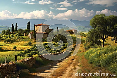 Rural landscape in Tuscany, Italy, Rural road leading to the villa Cartoon Illustration