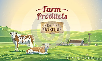 Rural landscape and two cows. Vector Illustration